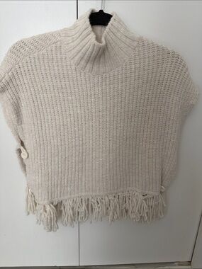 Anthropologie Cream Fringe Turtleneck Pullover